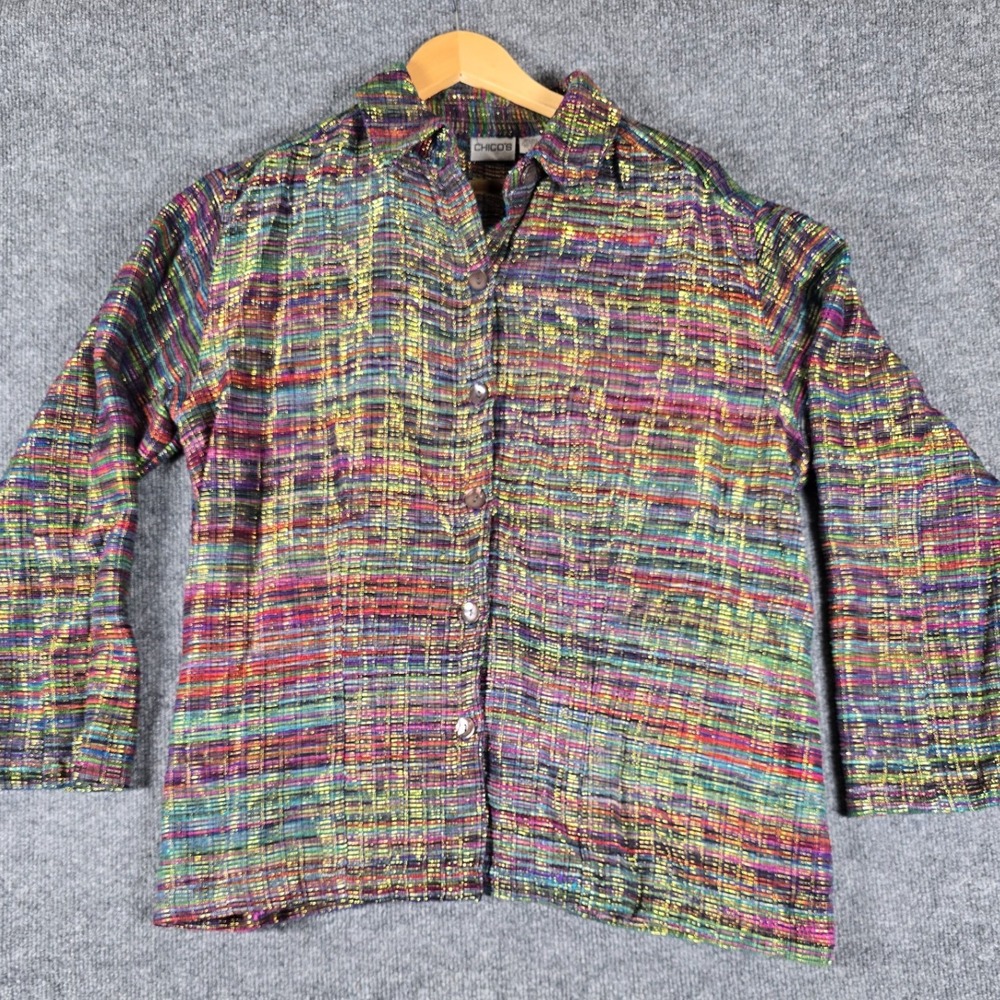 Chicos Silk Blend Textured Knit Button Up Shirt Jacket Multi Color Metallic Sz 3
